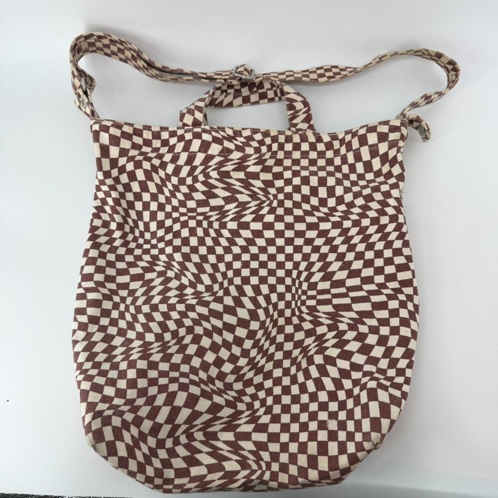 BAGGU Brown and White Trippy Checkerboard Tote Bag